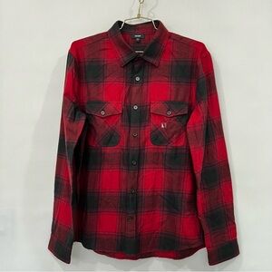 Express Plaid Red and Black Men's Button-Up Shirt Flannel Long Sleeve Pockets